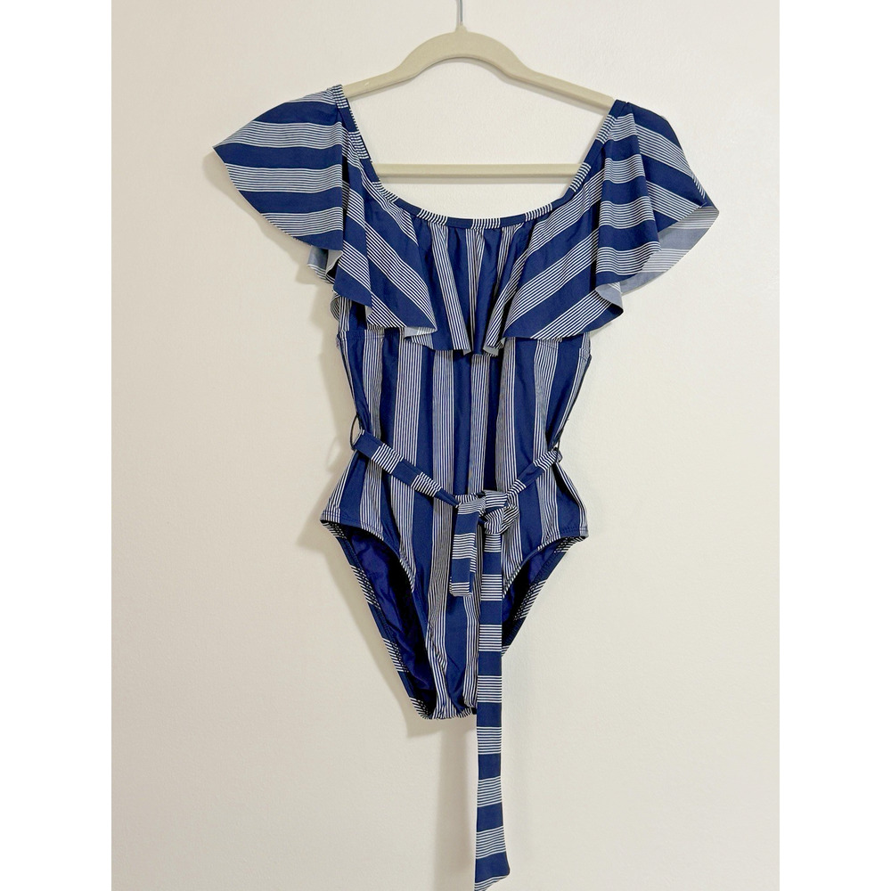 Splendid Women Blue White Stripe‎ Ruffled Off Shoulder One Piece Swimsuit MED